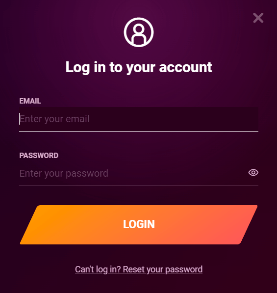 Screenshot of the Casinonic login screen on mobile