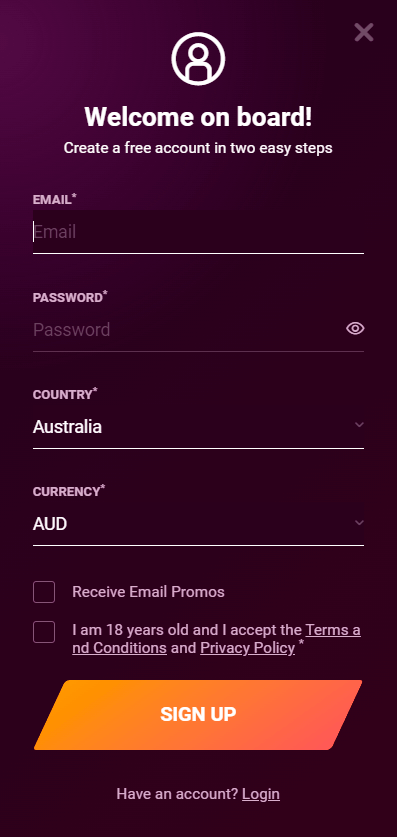 Casinonic Registration Interface